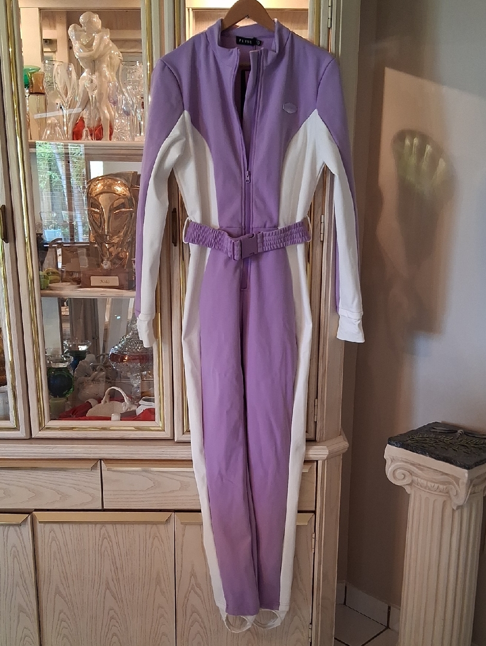 PLTSKI-Pretty Little Thing. Purple and White Women's Ski Jumpsuit with Belt.NWT